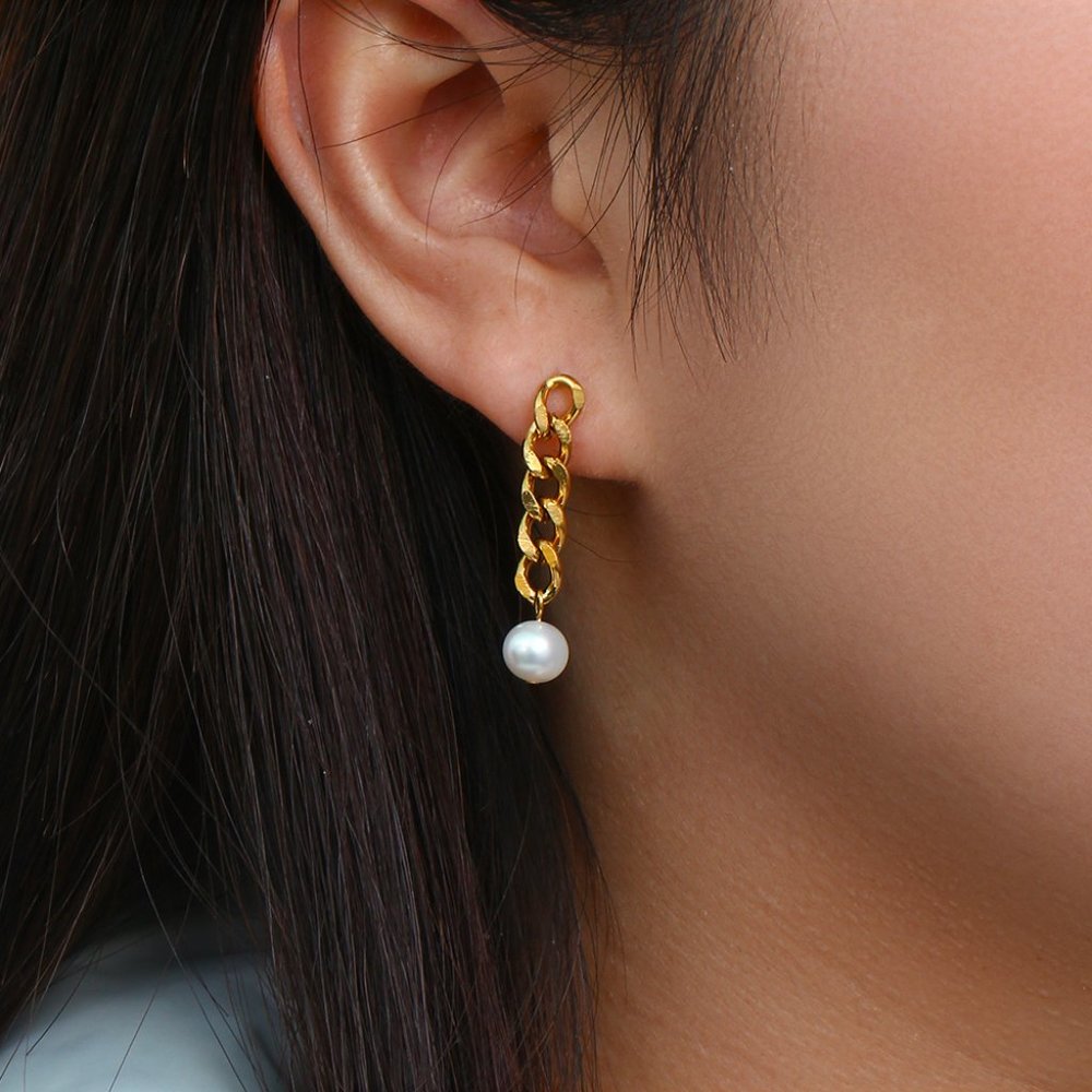 Asymmetrical Dainty Drop Pearl Earrings 18K Gold Plated Stainless Steel - Picture 11 of 11